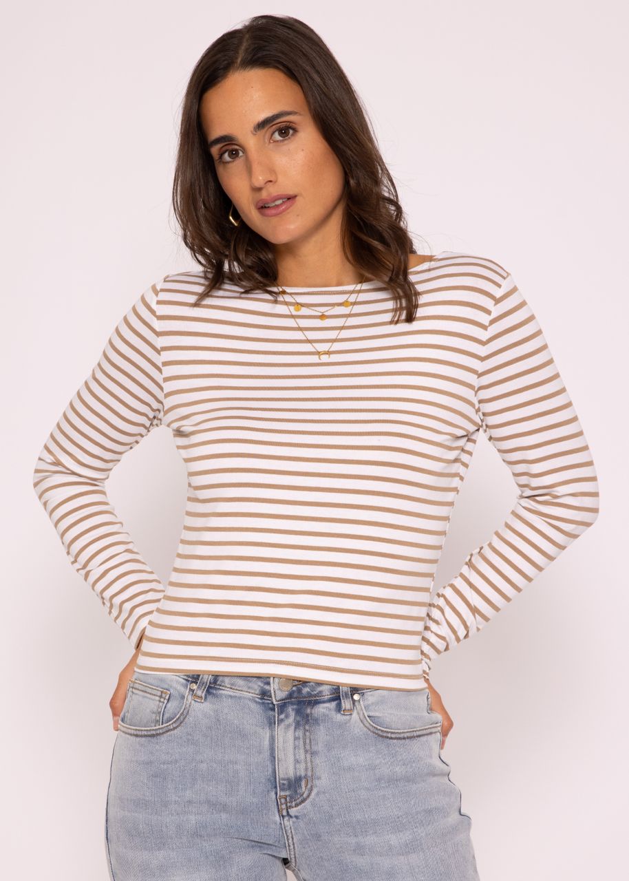 Striped long-sleeved shirt with back cut-out, beige/white