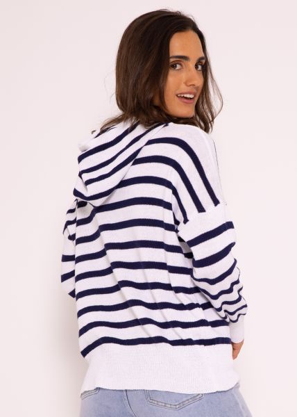 Striped sweater with hood, blue / white
