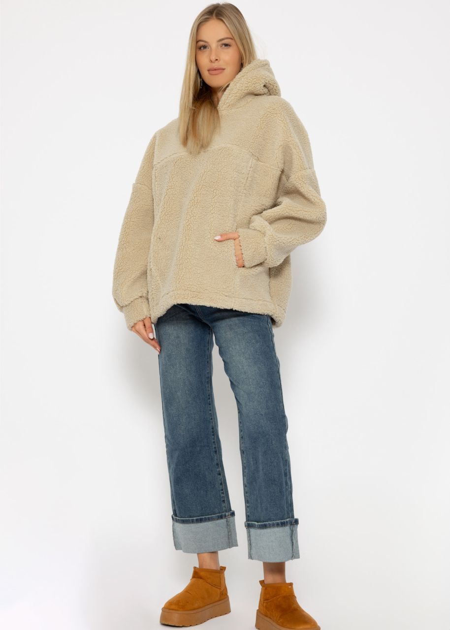 Oversized teddy sweatshirt with hood - light beige