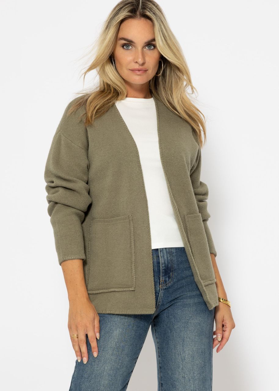 Open cardigan with patch pockets - khaki