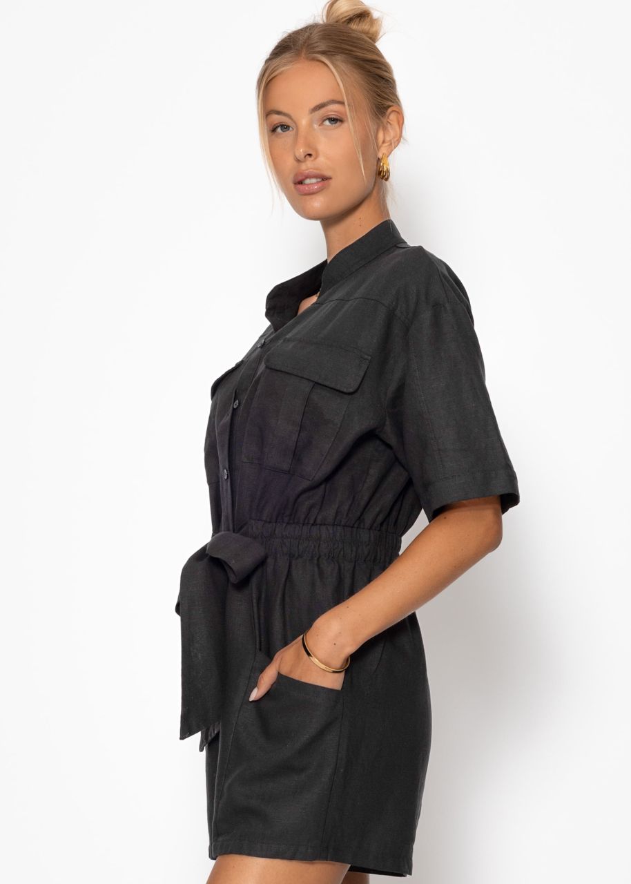 Linen jumpsuit with tie belt - black