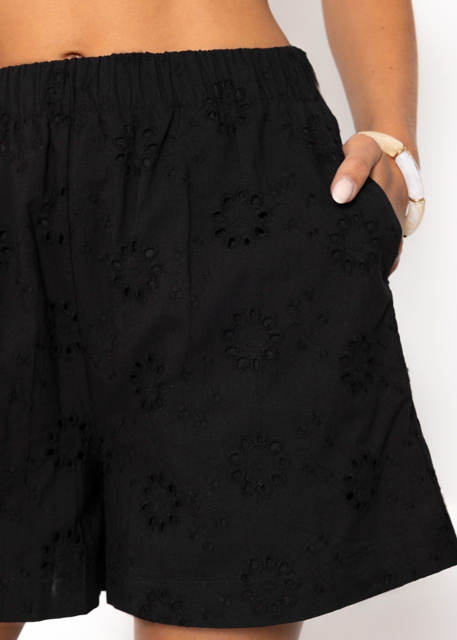 Shorts with eyelet embroidery - black