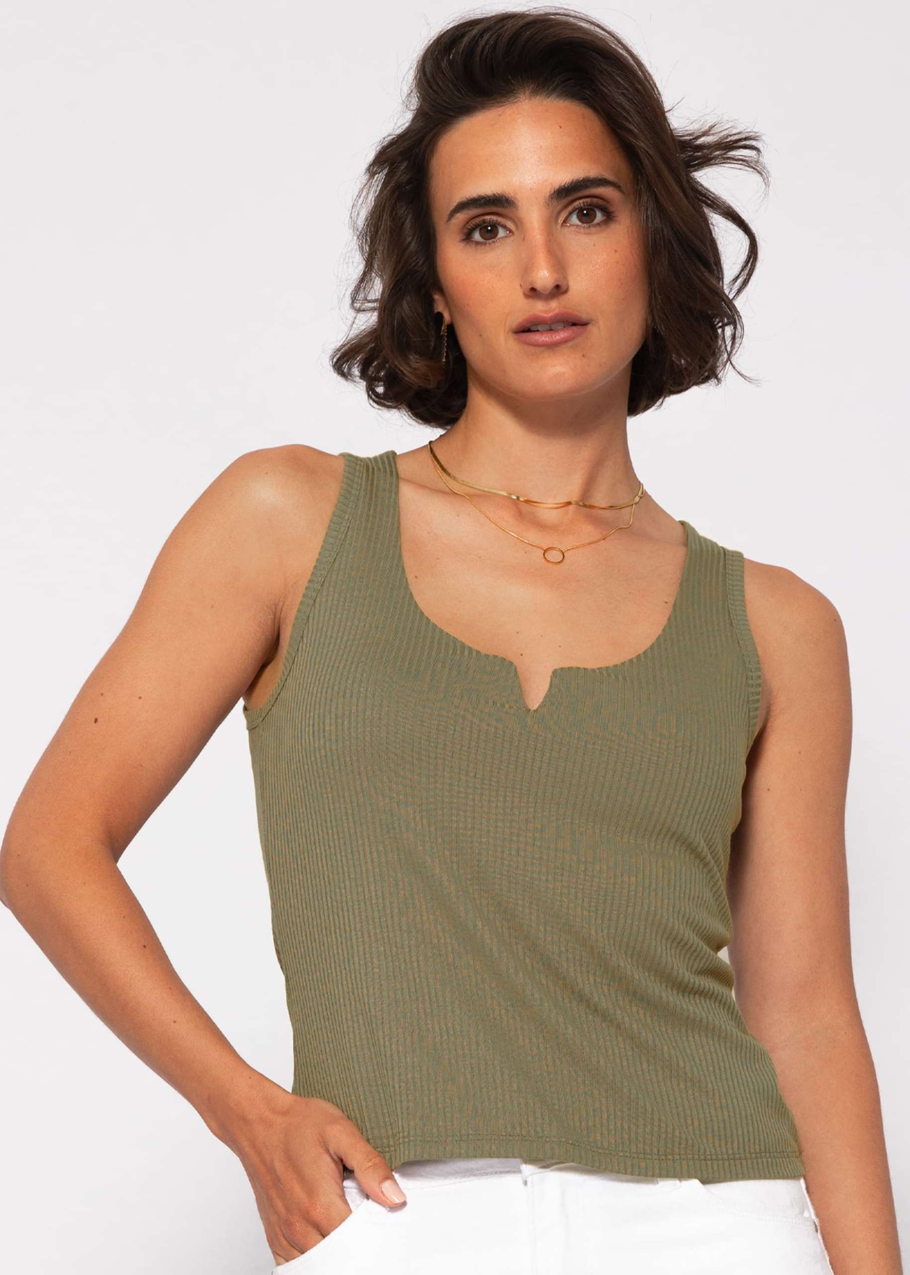 Ribbed top with V-neck - khaki