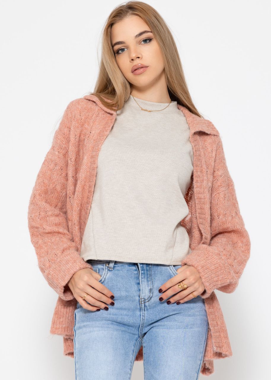 Fluffy cable-knit cardigan with collar - dusky pink