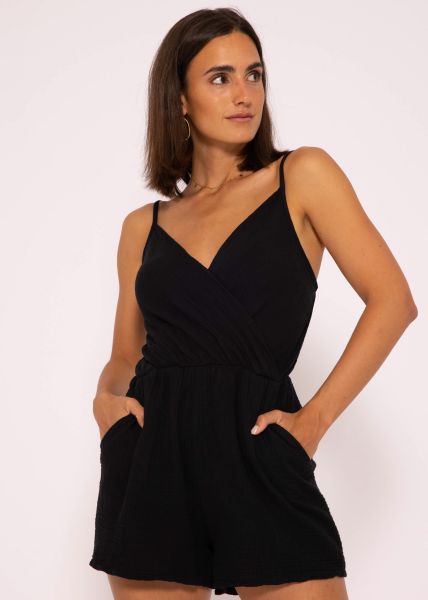 Muslin jumpsuit with straps, black