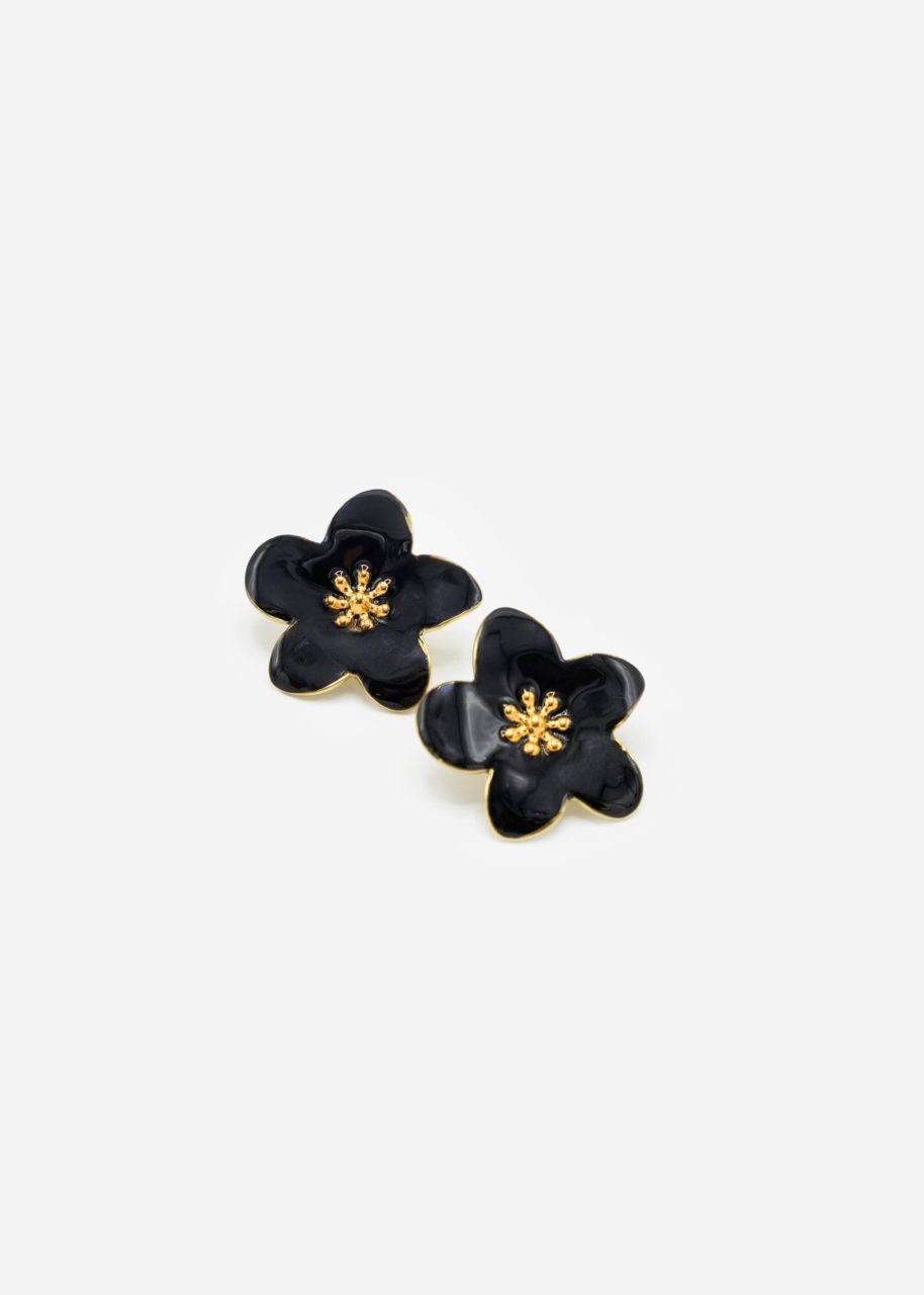 Stud earrings with black flower - gold