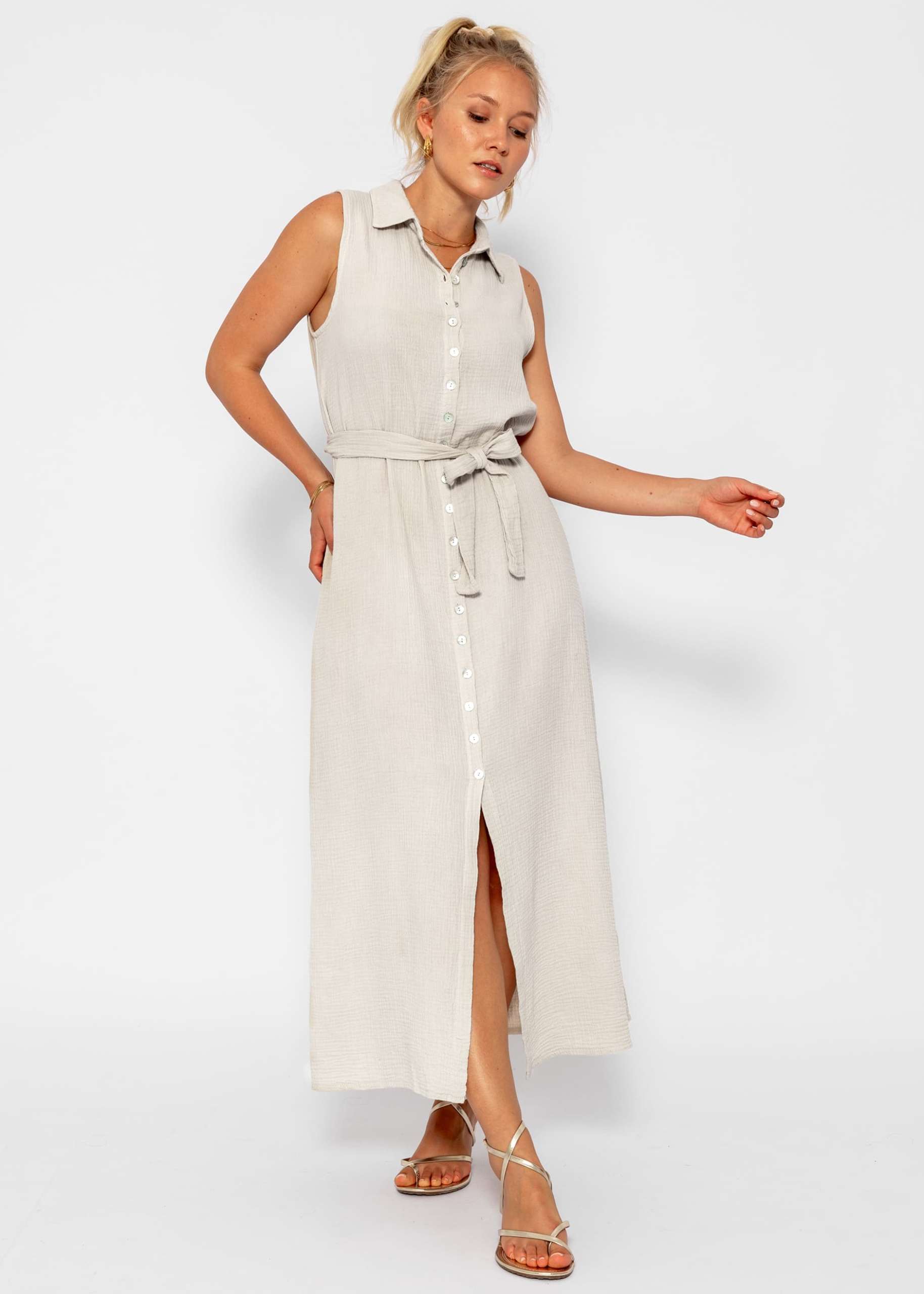 Long sleeveless muslin dress - beige