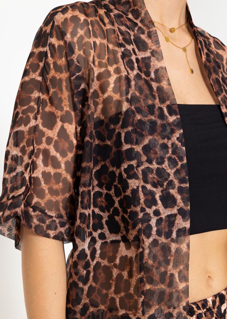 Transparent kimono with leo print - brown