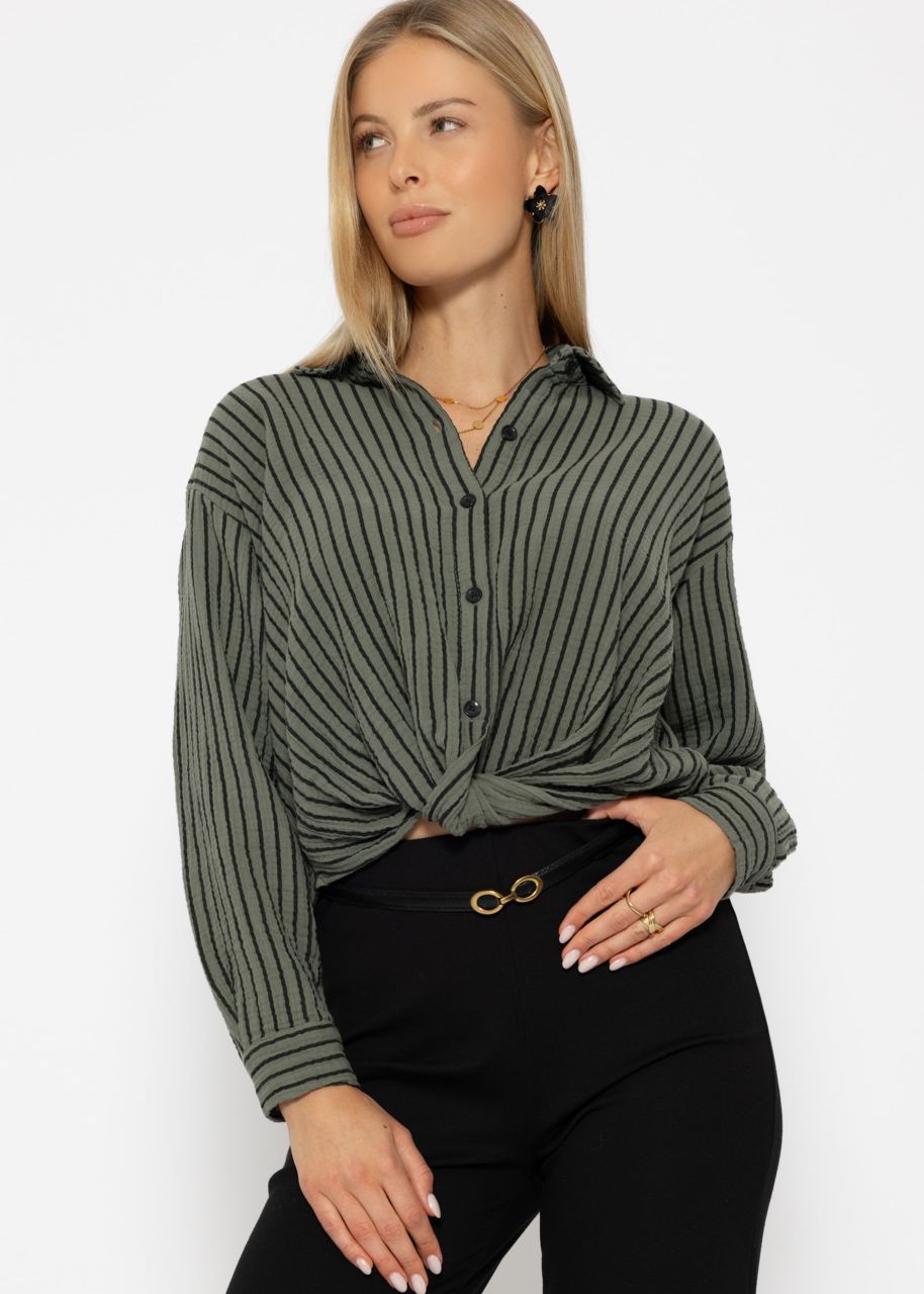 Striped muslin blouse with knot - khaki-black