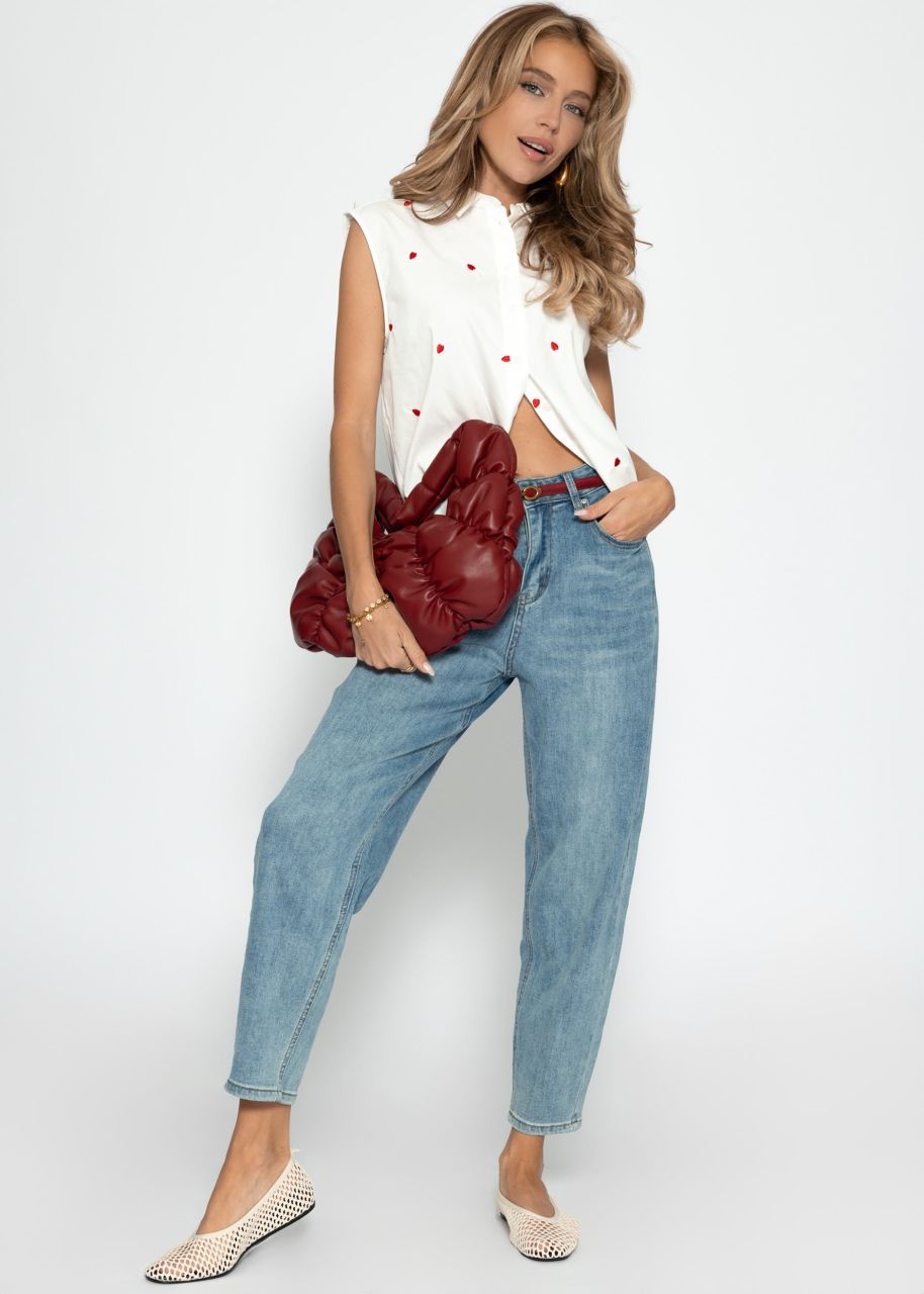 Sleeveless blouse with red heart embroidery - white