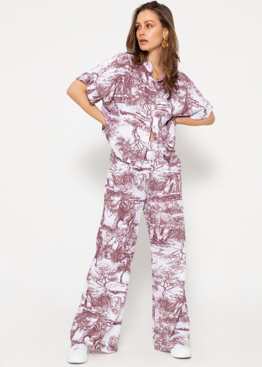 Muslin pants with wide leg and print - wine red