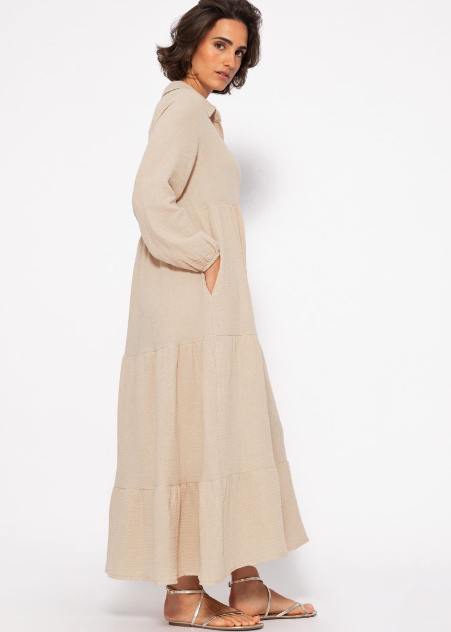 Muslin maxi dress with flounces - beige