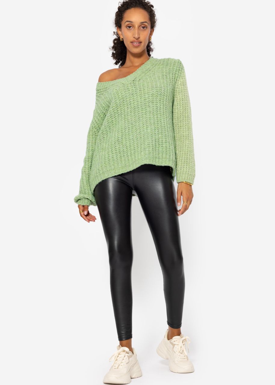 Oversized chunky knit jumper with V-neck - sage green