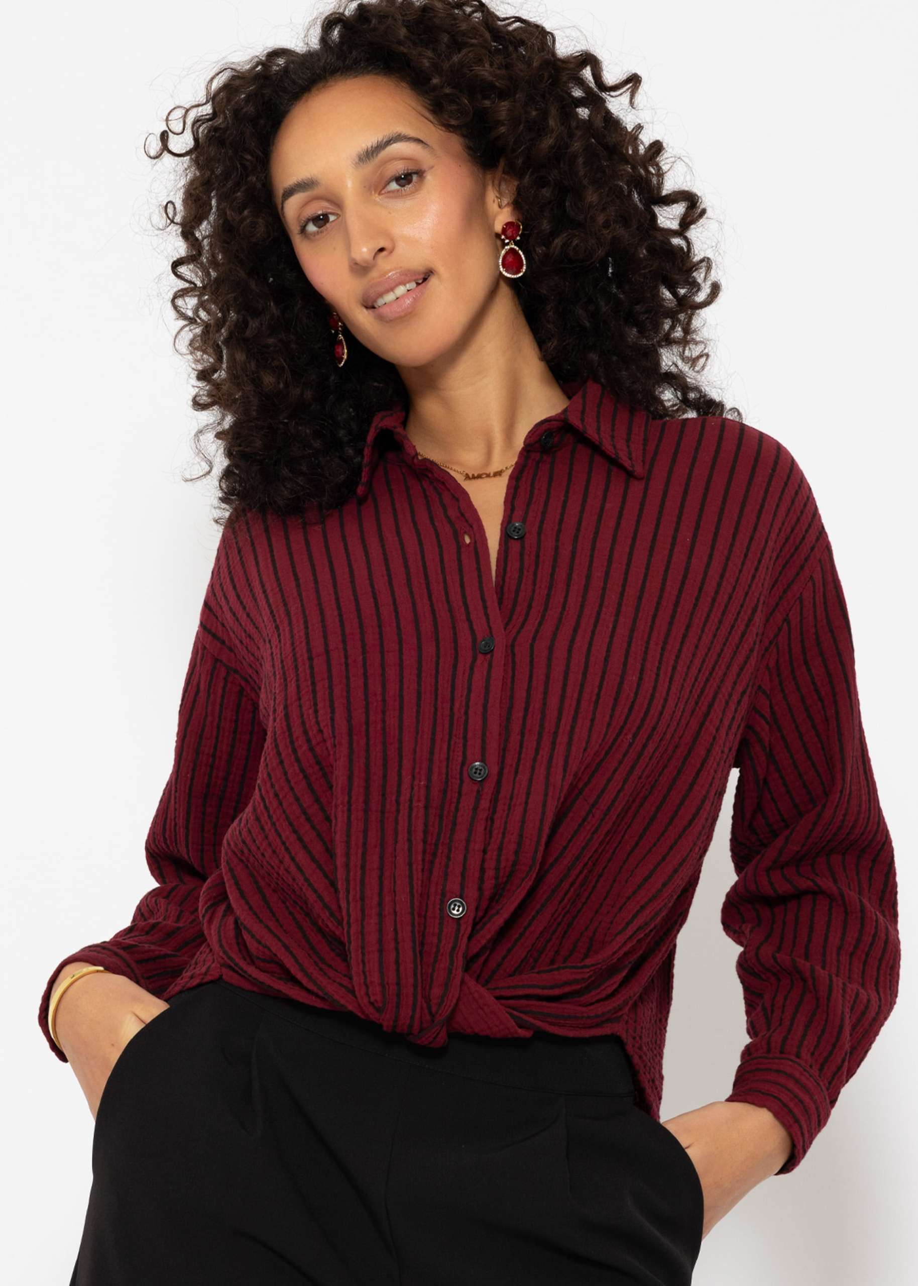 Striped muslin blouse with knot - burgundy-black