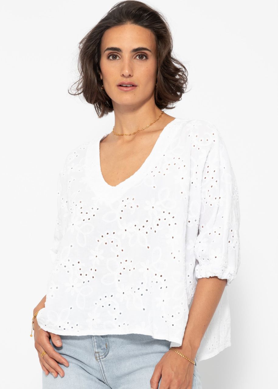 Oversize cotton shirt with eyelet embroidery - white