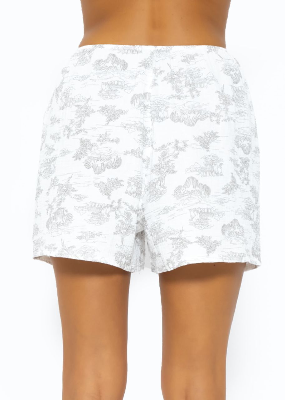 Muslin pyjama shorts with print - white-taupe