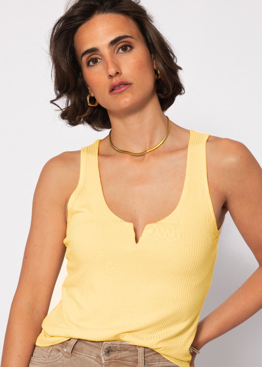 Ribbed top with V-neck - yellow