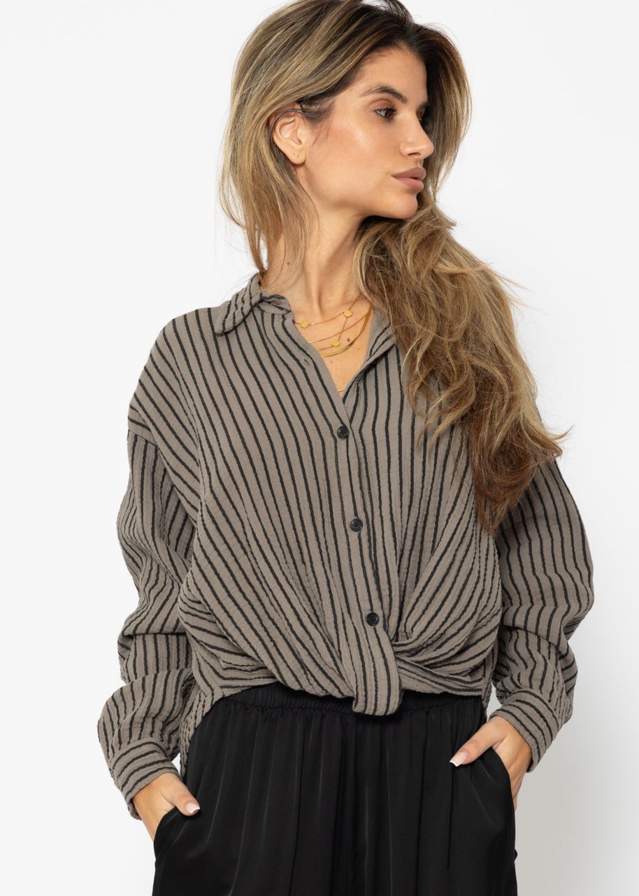 Striped muslin blouse with knot - taupe-black