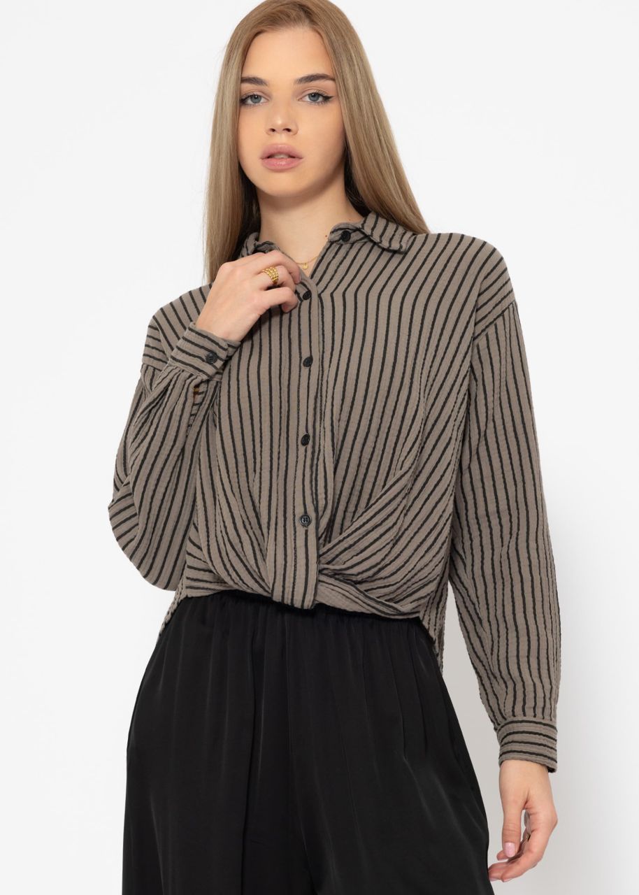 Striped muslin blouse with knot - taupe-black