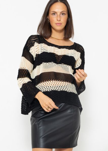 Striped ajour knit jumper - black-beige