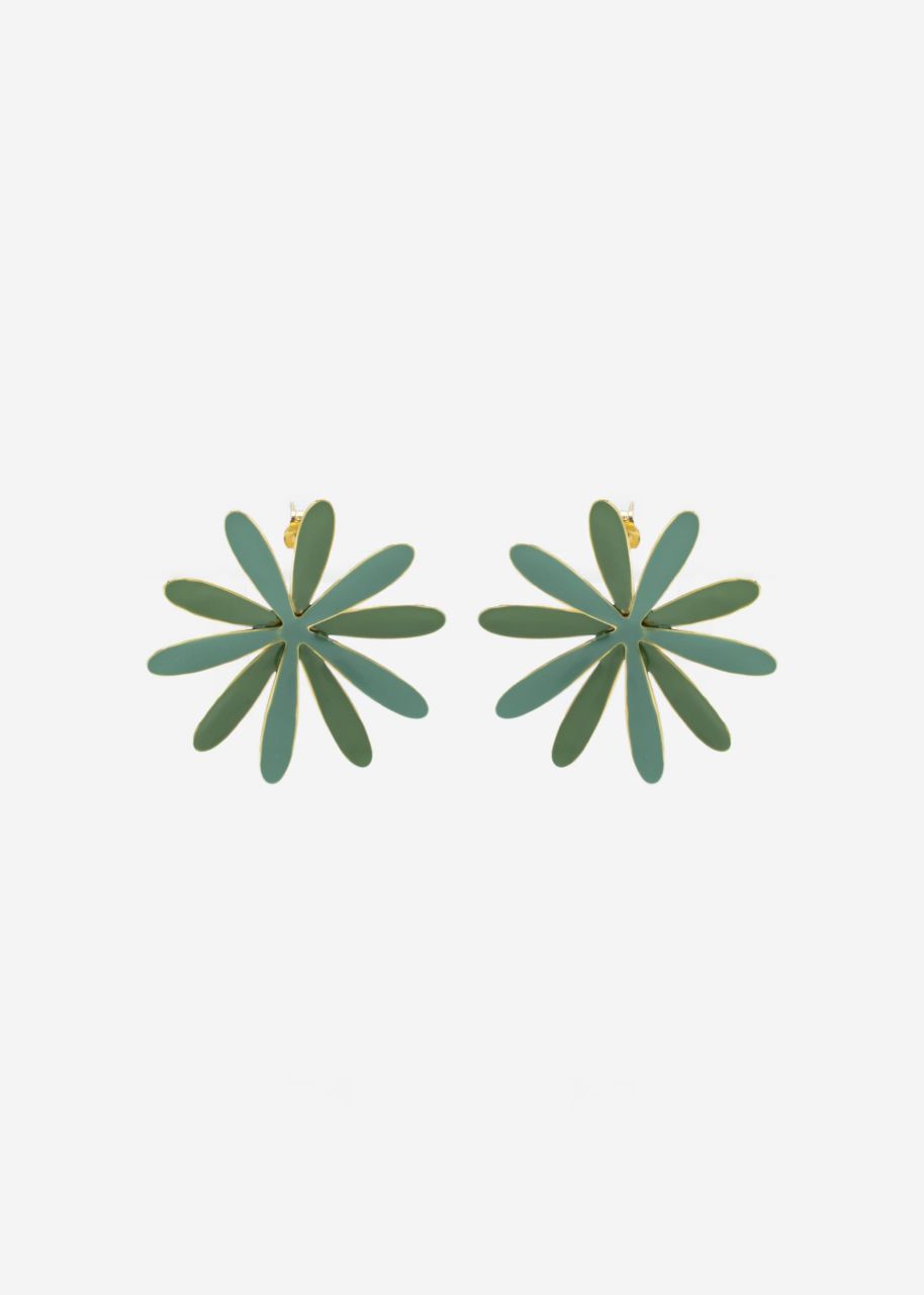 Stud earrings with green flower - gold