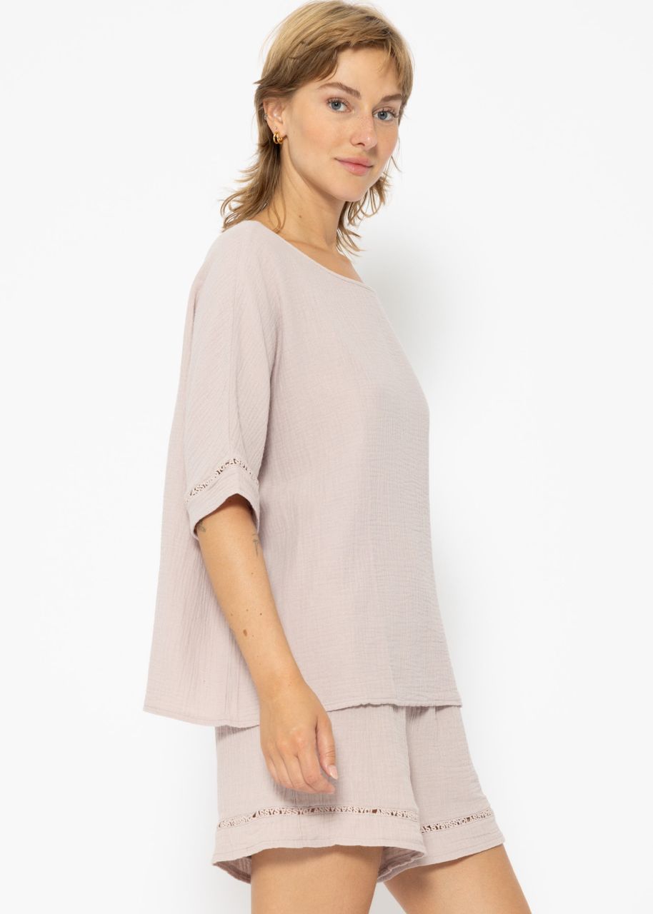 Muslin pyjama shirt with lace trim - dusky pink