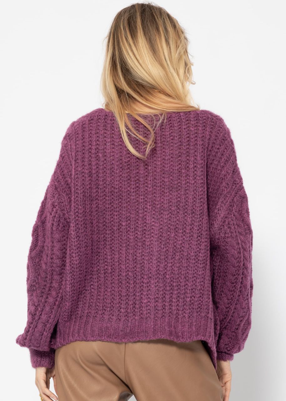 Oversized cardigan with cable knit pattern - aubergine