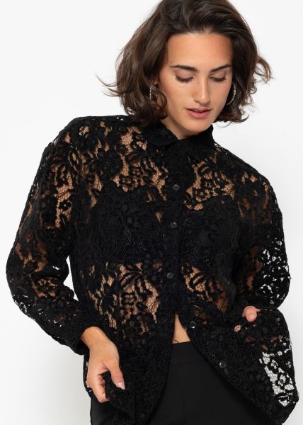 Lace blouse with velvet effect - black