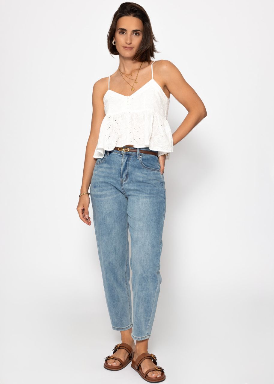 Top with flounce and eyelet embroidery - white