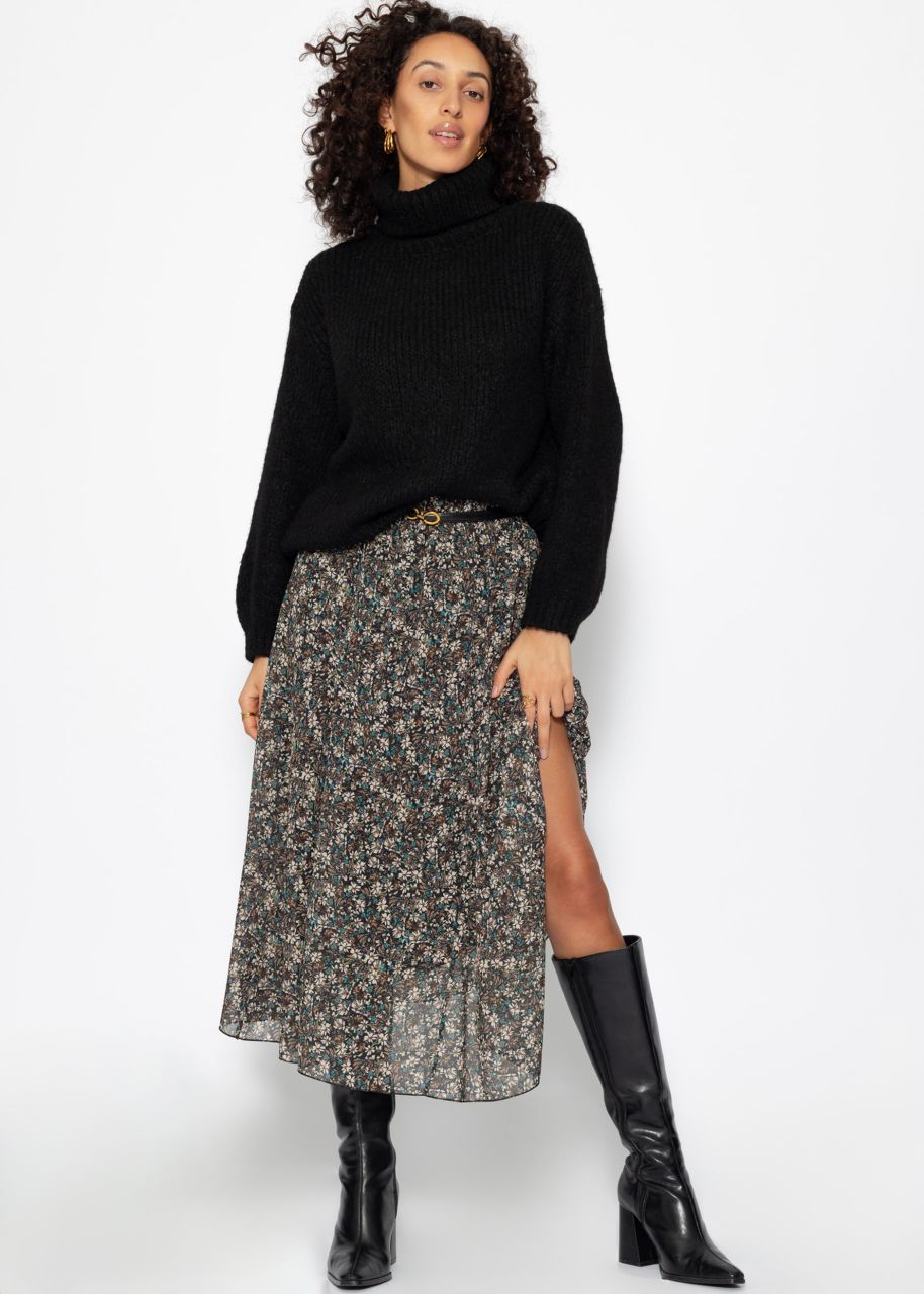 Long chiffon skirt with floral print - black