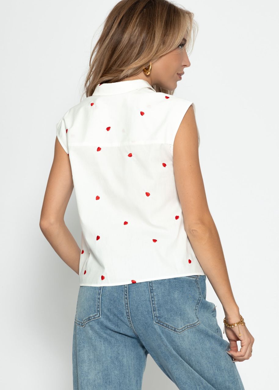 Sleeveless blouse with red heart embroidery - white