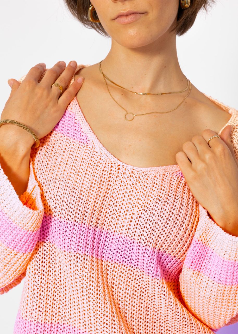 Striped cotton sweater - peach-lilac