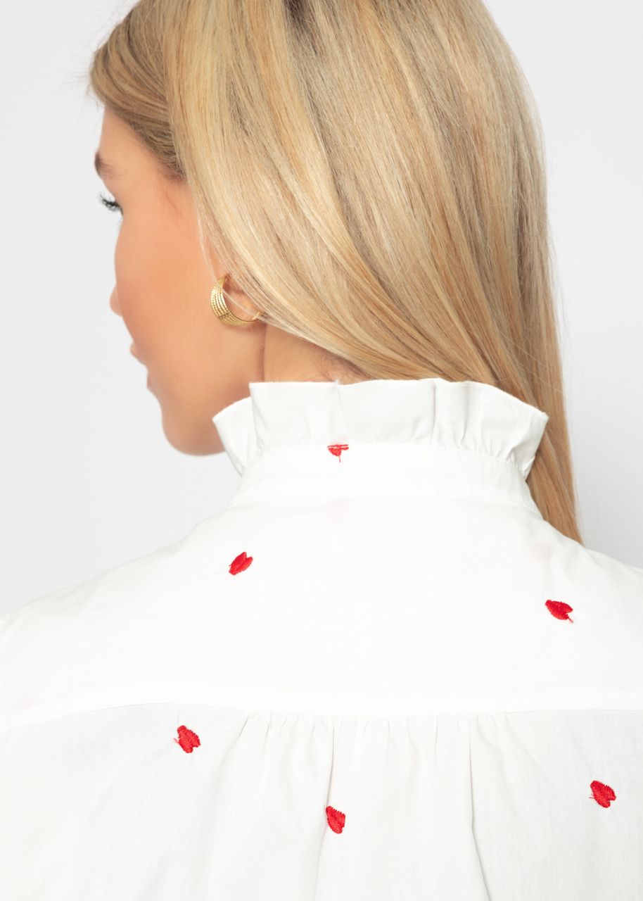 Blouse with red heart embroidery - white