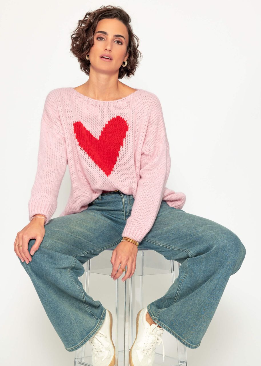 Oversize sweater with red heart - pink