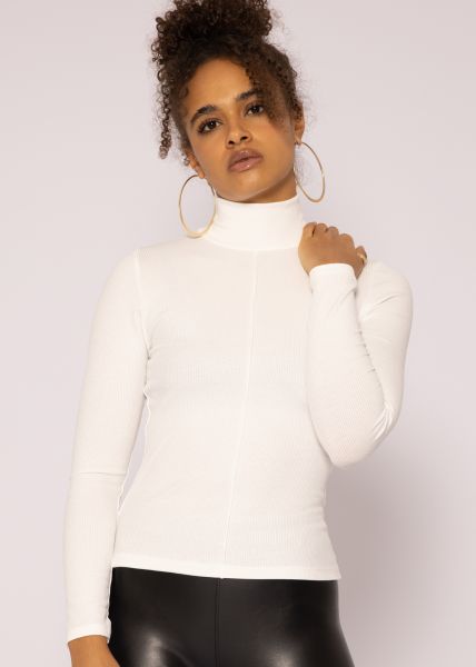 Tight-fitting long-sleeved shirt with turtleneck and piping, off-white