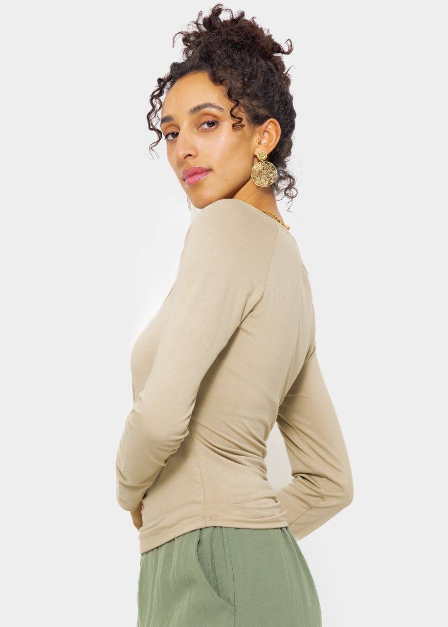 Long-sleeved shirt with a wrap look - beige