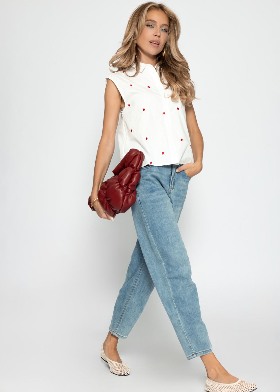 Sleeveless blouse with red heart embroidery - white