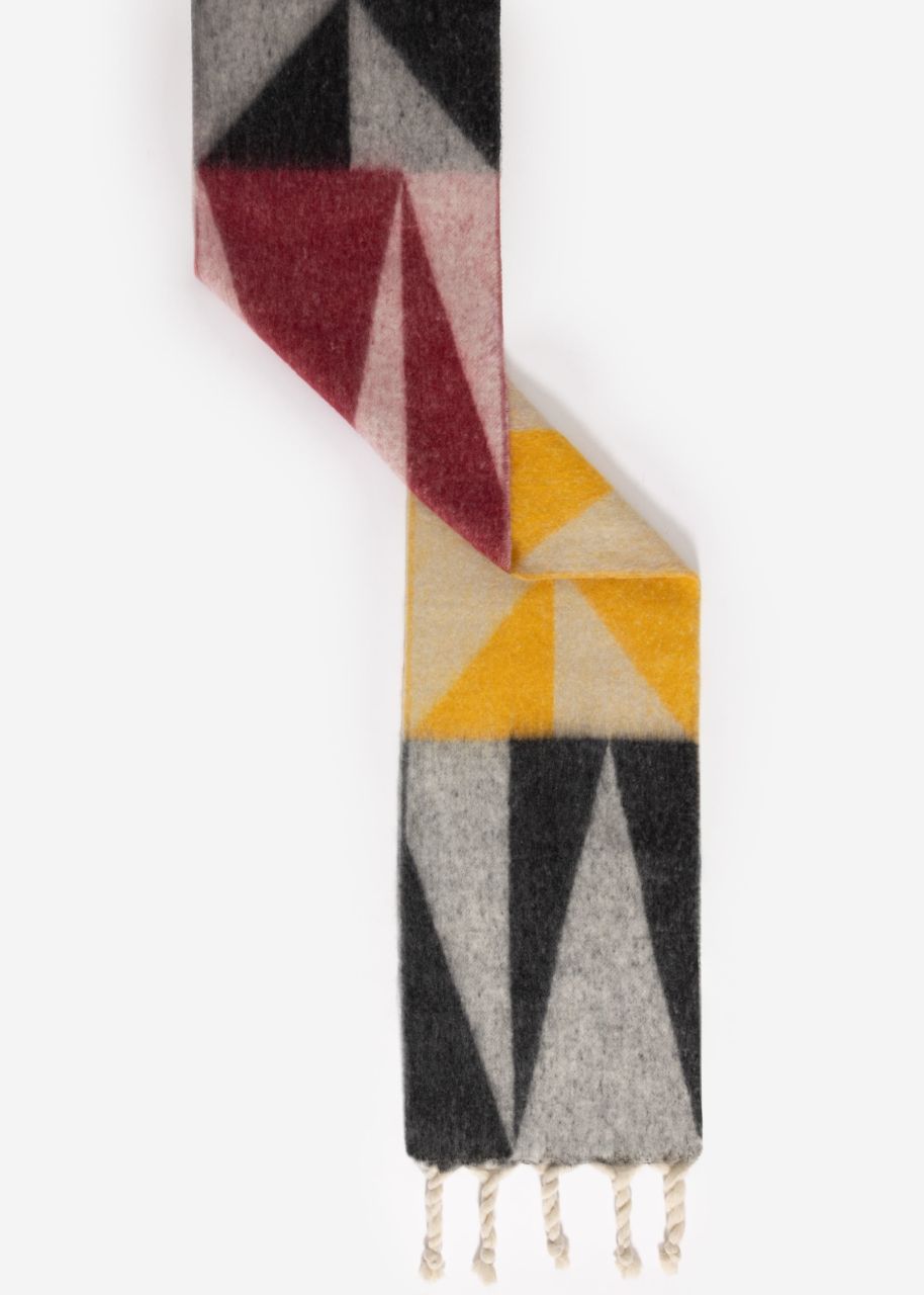 Patterned scarf with bright fringes, gray / wine red / yellow