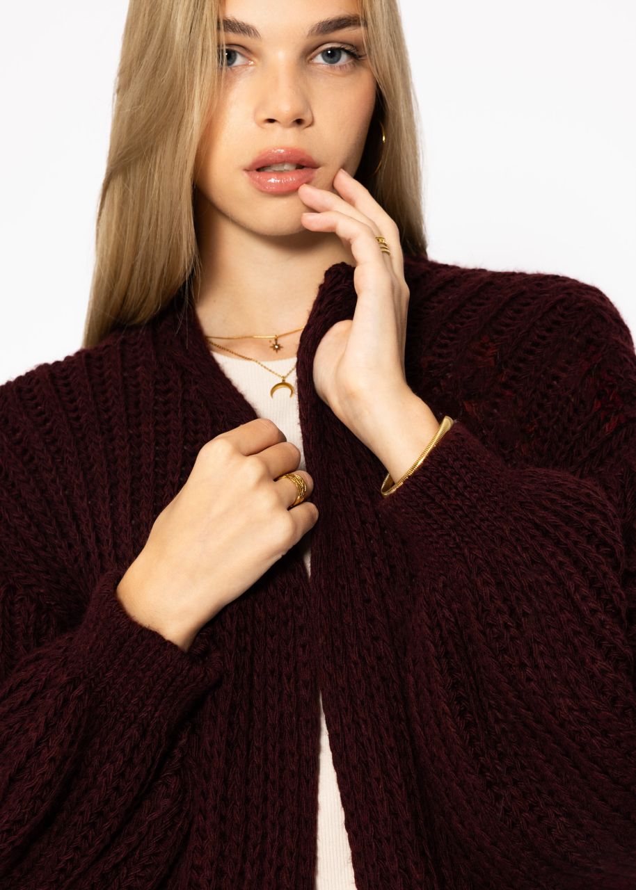 Ribbed long cardigan with balloon sleeves - burgundy