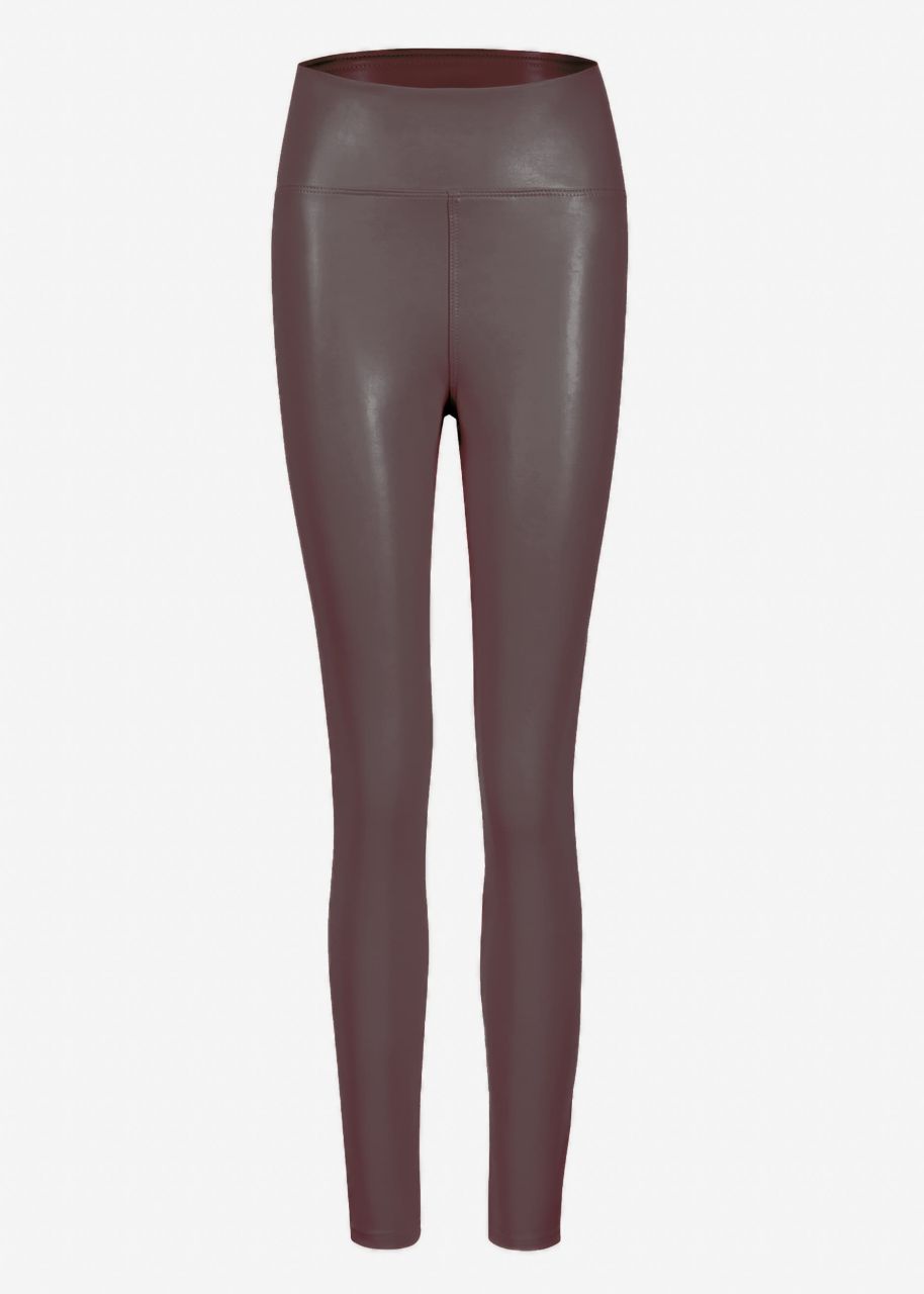 High-rise thermal leather leggings with wide waistband - dark brown