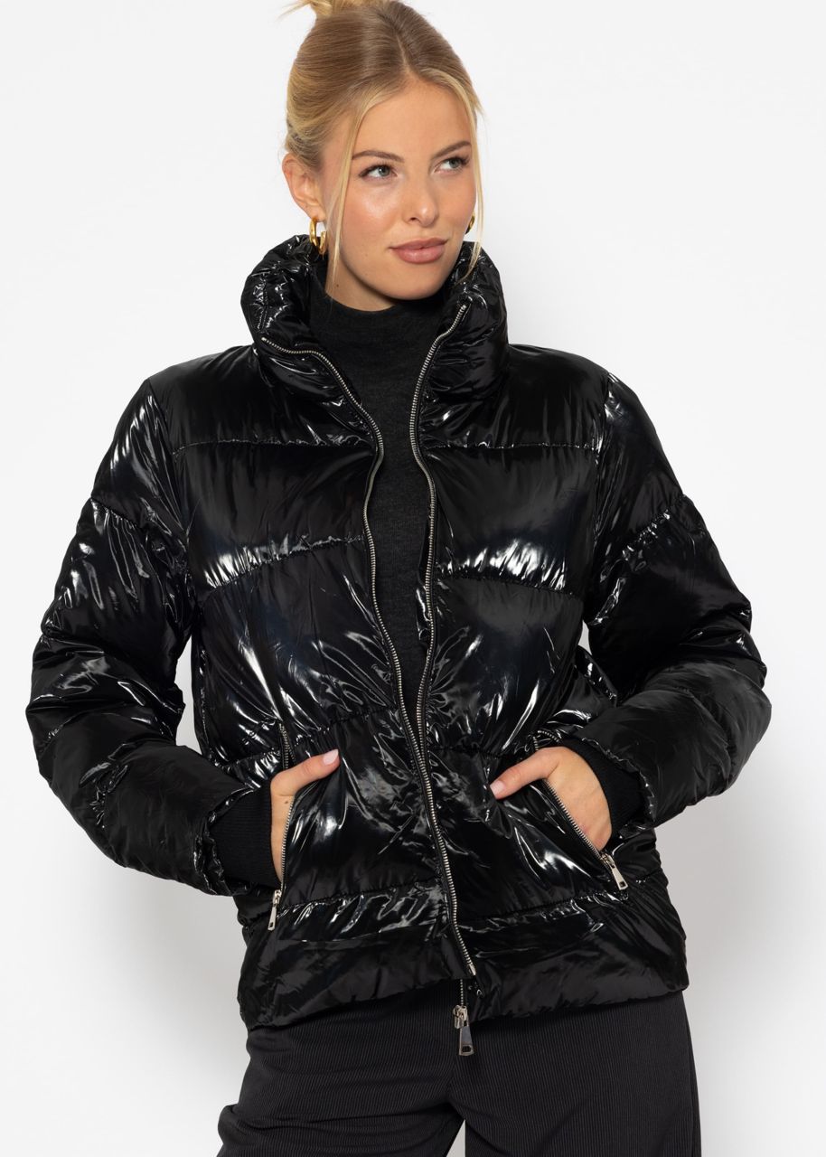 Puffer jacket with stand-up collar - black