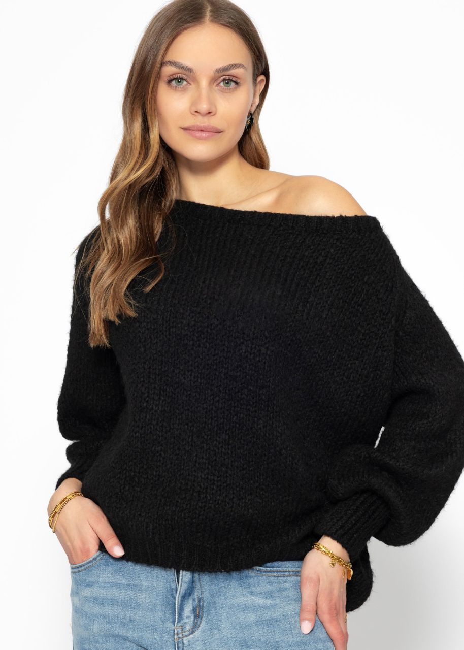 Fluffy sweater with boat neckline - black