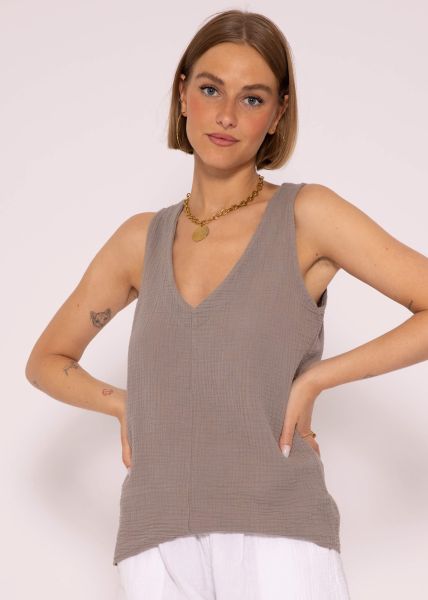 Muslin top with V-neck, taupe