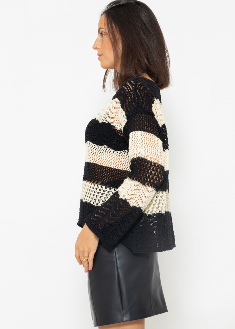 Striped ajour knit jumper - black-beige