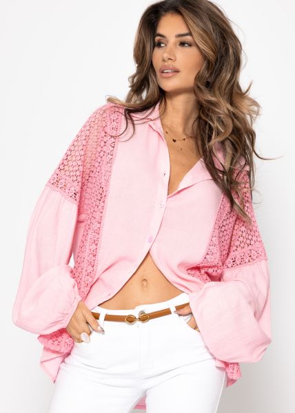 Linen blouse with lace - pink