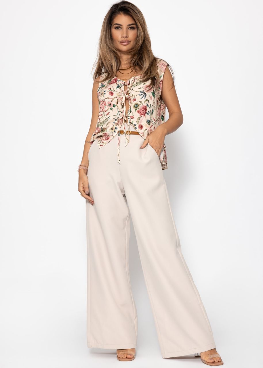 Top with tie ribbons and floral print - beige