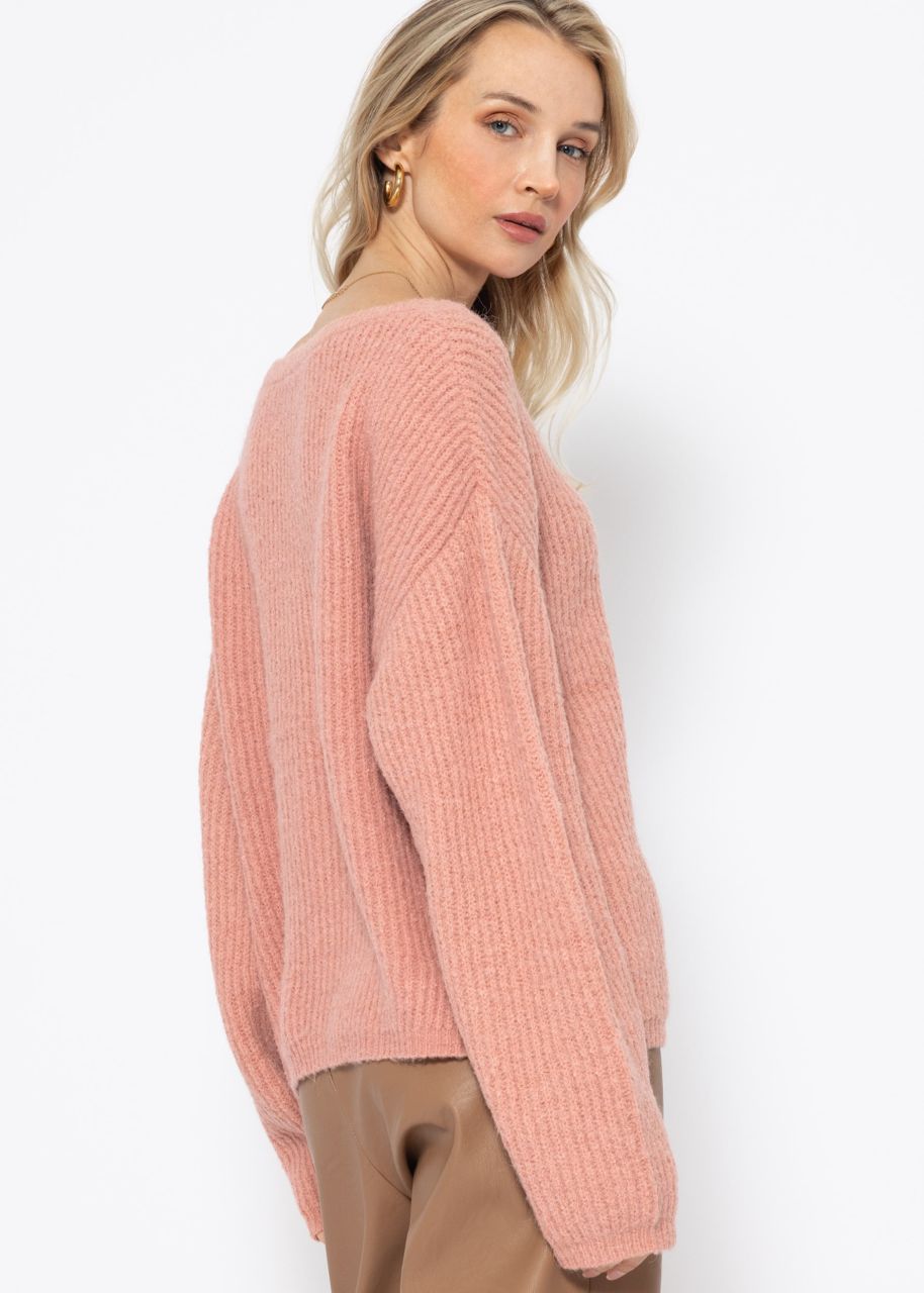 Ribbed jumper with round neckline - dusky pink