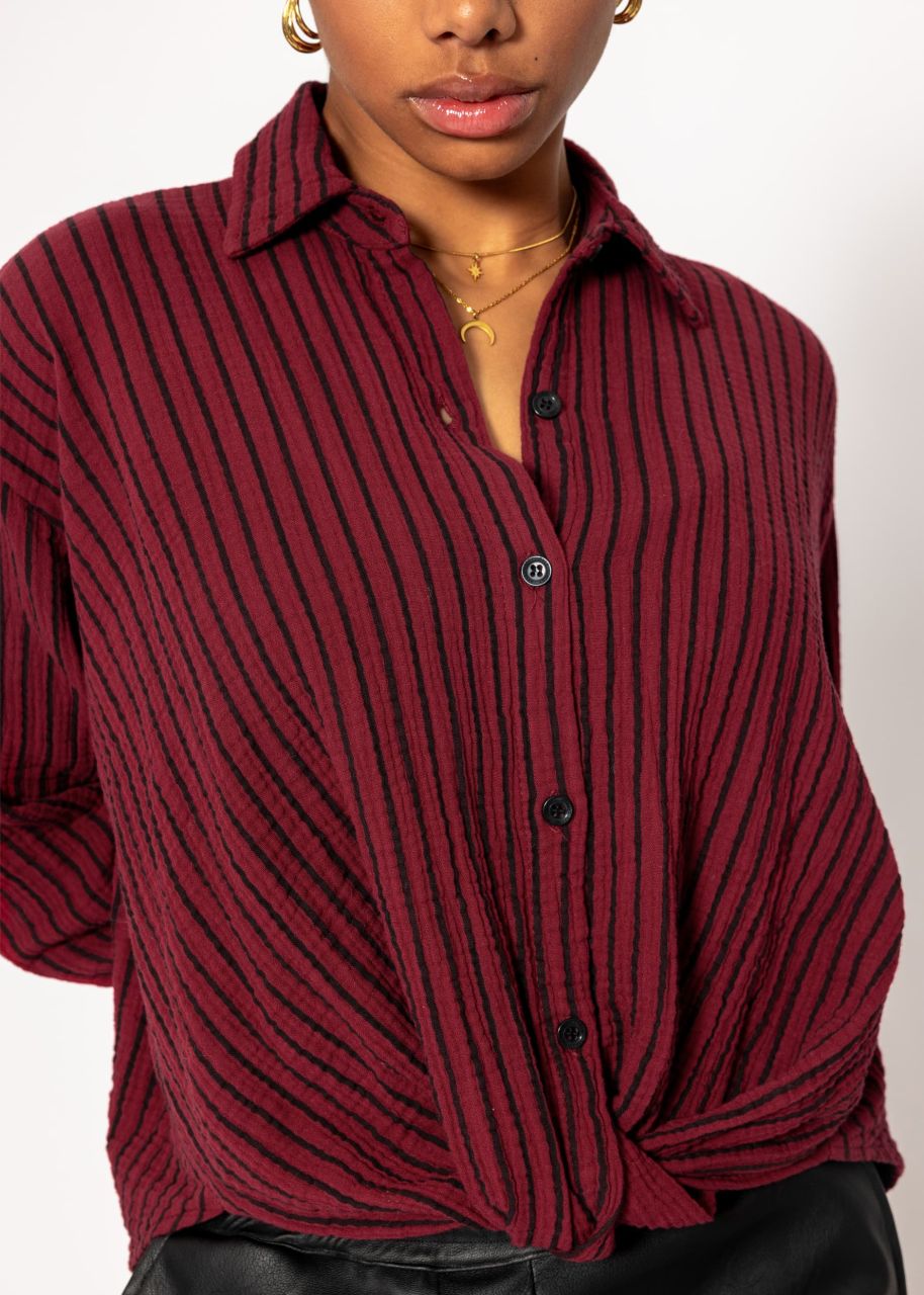 Striped muslin blouse with knot - burgundy-black