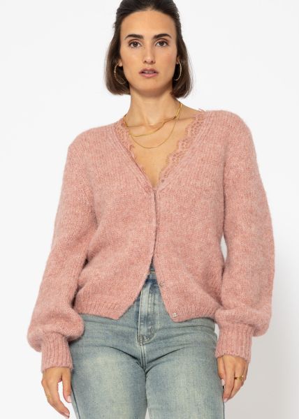 Cardigan with lace neckline - dusky pink