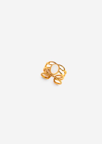 Three-piece ring with whie gemstone - gold